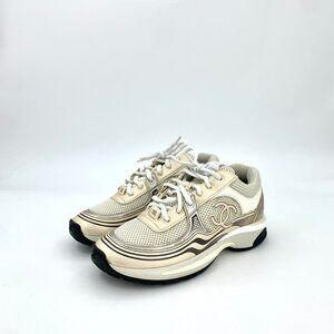 Chanel Beige & Gold Lace-Up Sneakers W/ Double C Logo